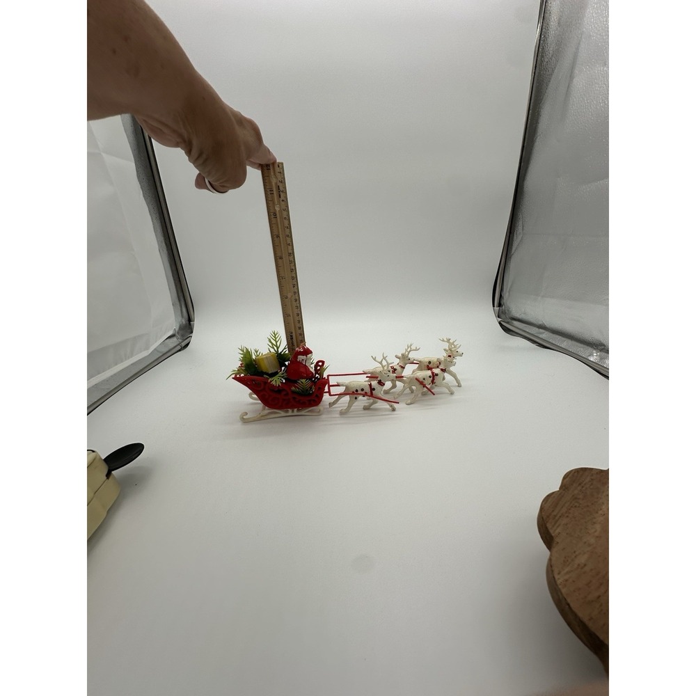 Vintage Plastic Santa Claus Red Sleigh 4 White Reindeer Christmas Tabletop Decor - Picture 10 of 10